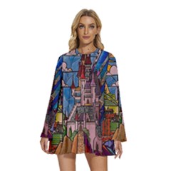 Castle Building Stained Glass Round Neck Long Sleeve Bohemian Style Chiffon Mini Dress by Cendanart