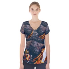 Wood Fire Camping Forest On Short Sleeve Front Detail Top by Bedest