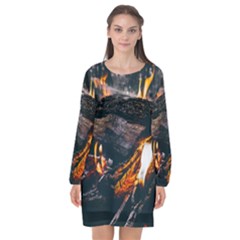 Wood Fire Camping Forest On Long Sleeve Chiffon Shift Dress  by Bedest