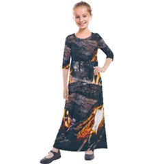 Wood Fire Camping Forest On Kids  Quarter Sleeve Maxi Dress