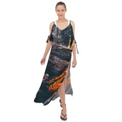 Wood Fire Camping Forest On Maxi Chiffon Cover Up Dress