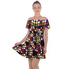 Graphic Pattern Rubiks Cube Off Shoulder Velour Dress by Cendanart