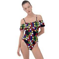 Graphic Pattern Rubiks Cube Frill Detail One Piece Swimsuit by Cendanart