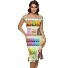 Supermarket Shelf Products Snacks Off Shoulder Ruffle Split Hem Bodycon Dress