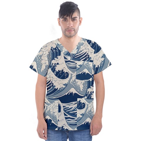 Japanese Wave Pattern Men s V-neck Scrub Top by Cendanart