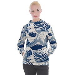 Japanese Wave Pattern Women s Hooded Pullover by Cendanart