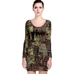 Photo New York City Skyscrapers Long Sleeve Velvet Bodycon Dress by Cendanart