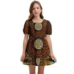 Barcelona Glass Window Stained Glass Kids  Short Sleeve Dolly Dress by Cendanart