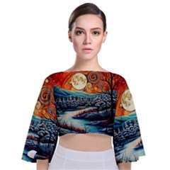 Winter Wonderland Landscape Nature Tie Back Butterfly Sleeve Chiffon Top