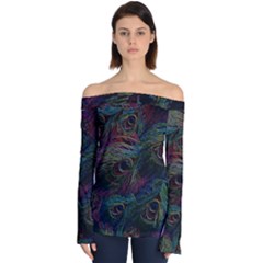 Peacock Feather Paradise Off Shoulder Long Sleeve Top by Cendanart