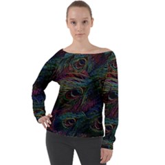 Peacock Feather Paradise Off Shoulder Long Sleeve Velour Top by Cendanart