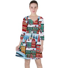 Christmas Background Design House Quarter Sleeve Ruffle Waist Dress by Proyonanggan