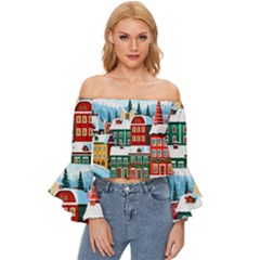 Christmas Background Design House Off Shoulder Flutter Bell Sleeve Top by Proyonanggan