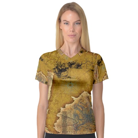 Vintage Map Of The World Continent V-neck Sport Mesh T-shirt by Proyonanggan