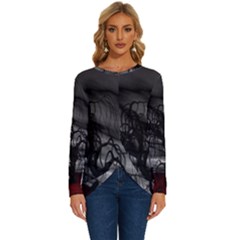 Grave Yard Dark Fantasy Trees Long Sleeve Crew Neck Pullover Top by Cemarart