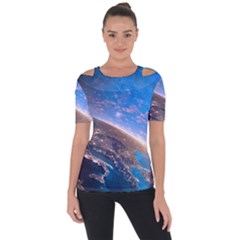 Earth Blue Galaxy Sky Space Shoulder Cut Out Short Sleeve Top