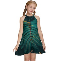Dark Green Leaves Leaf Kids  Halter Collar Waist Tie Chiffon Dress by Cemarart