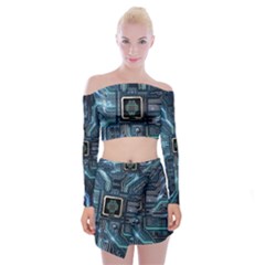 Circuit Board Motherboard Off Shoulder Top With Mini Skirt Set
