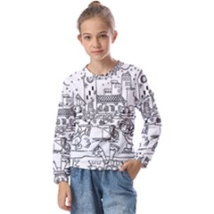 Colouring Page Winter City Skating Kids  Long Sleeve T-shirt With Frill 