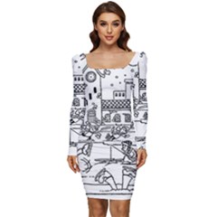 Colouring Page Winter City Skating Women Long Sleeve Ruched Stretch Jersey Dress