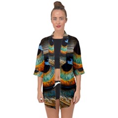 Eye Bird Feathers Vibrant Open Front Chiffon Kimono by Hannah976