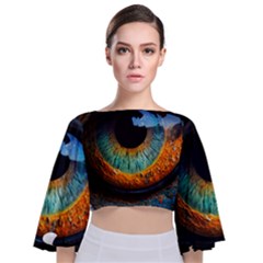 Eye Bird Feathers Vibrant Tie Back Butterfly Sleeve Chiffon Top