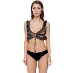 Eye Bird Feathers Vibrant Low Cut Ruffle Edge Bikini Top by Hannah976