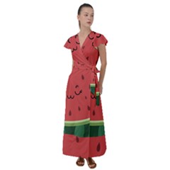 Watermelon Lock Love Flutter Sleeve Maxi Dress by Cemarart