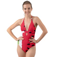 Watermelon Black Green Melon Red Halter Cut-out One Piece Swimsuit by Cemarart