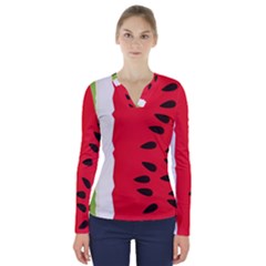 Watermelon Black Green Melon Red V-Neck Long Sleeve Top