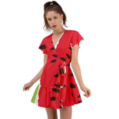 Watermelon Black Green Melon Red Flutter Sleeve Wrap Dress