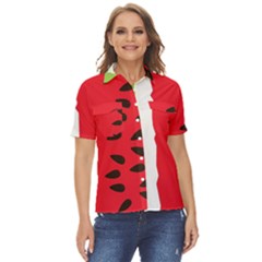 Watermelon Black Green Melon Red Women s Short Sleeve Double Pocket Shirt