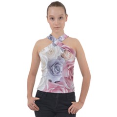 Pastel Rose Flower Blue Pink White Cross Neck Velour Top by Cemarart