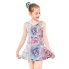 Pastel Rose Flower Blue Pink White Kids  Skater Dress Swimsuit