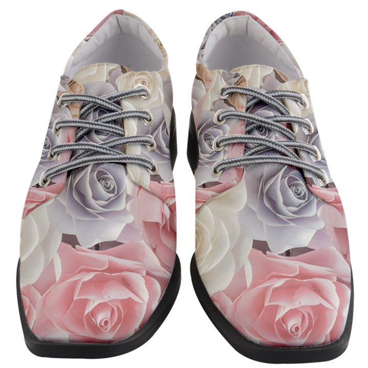 Pastel Rose Flower Blue Pink White Women Heeled Oxford Shoes