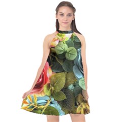 Flower Roses Halter Neckline Chiffon Dress 