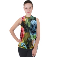 Flower Roses Mock Neck Chiffon Sleeveless Top