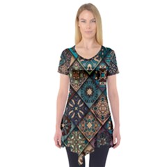 Flower Texture Background Colorful Pattern Short Sleeve Tunic 