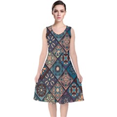 Flower Texture Background Colorful Pattern V-neck Midi Sleeveless Dress 