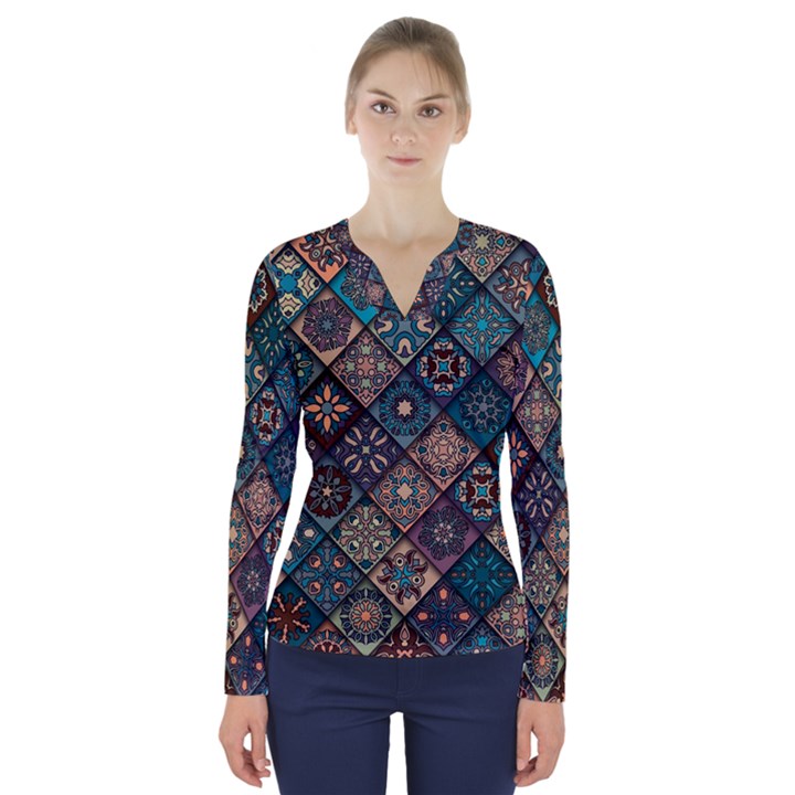 Flower Texture Background Colorful Pattern V-Neck Long Sleeve Top