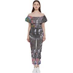 Wing on abstract delta Bardot Ruffle jumpsuit