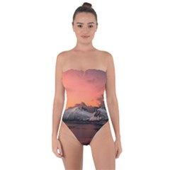 Surreal Mountain Landscape Lake Tie Back One Piece Swimsuit by Bedest