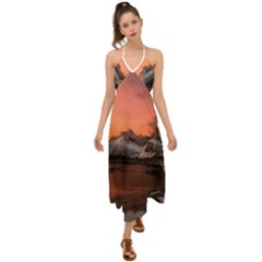 Surreal Mountain Landscape Lake Halter Tie Back Dress 