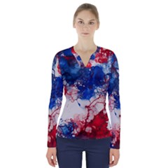 Red White And Blue Alcohol Ink American Patriotic  Flag Colors Alcohol Ink V-neck Long Sleeve Top by PodArtist