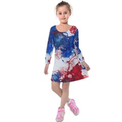 Red White And Blue Alcohol Ink American Patriotic  Flag Colors Alcohol Ink Kids  Long Sleeve Velvet Dress by PodArtist