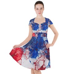 Red White And Blue Alcohol Ink American Patriotic  Flag Colors Alcohol Ink Cap Sleeve Midi Dress by PodArtist