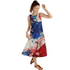 Red White And Blue Alcohol Ink American Patriotic  Flag Colors Alcohol Ink Summer Maxi Dress by PodArtist