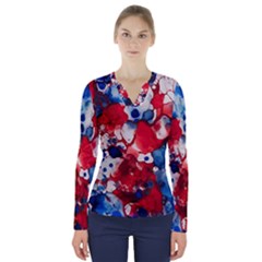 Red White And Blue Alcohol Ink France Patriotic Flag Colors Alcohol Ink  V-neck Long Sleeve Top by PodArtist