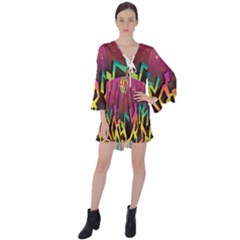 Dancing Colorful Disco V-neck Flare Sleeve Mini Dress