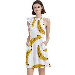 Banana Fruit Yellow Summer Cocktail Party Halter Sleeveless Dress With Pockets